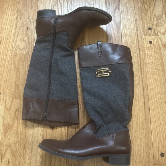 Tommy Hilfiger Twidele Leather Tall Boot Grey-Espresso US 9 M - Picture 1 of 13